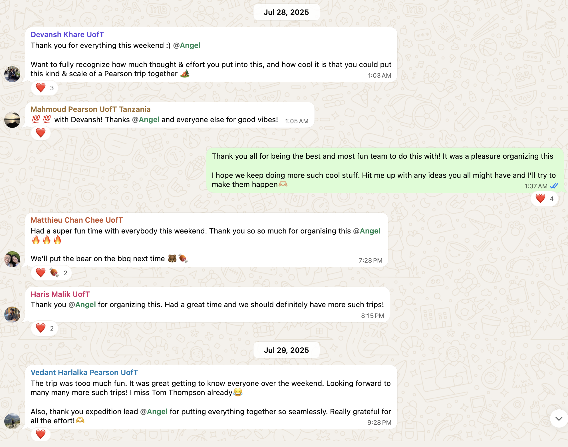 Group WhatsApp thread thanking Angel for organizing the Pearson portaging trip